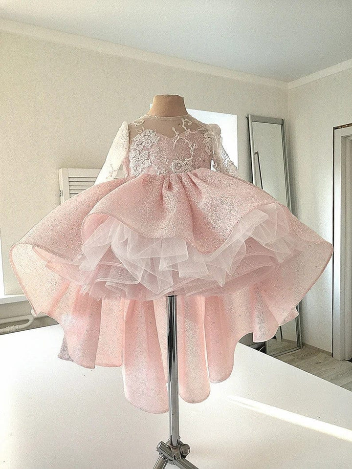 3m / Pink Sunnypetal Sparkling Flower Girl Dresses Asymmetry Prom Princess Pageant Gown