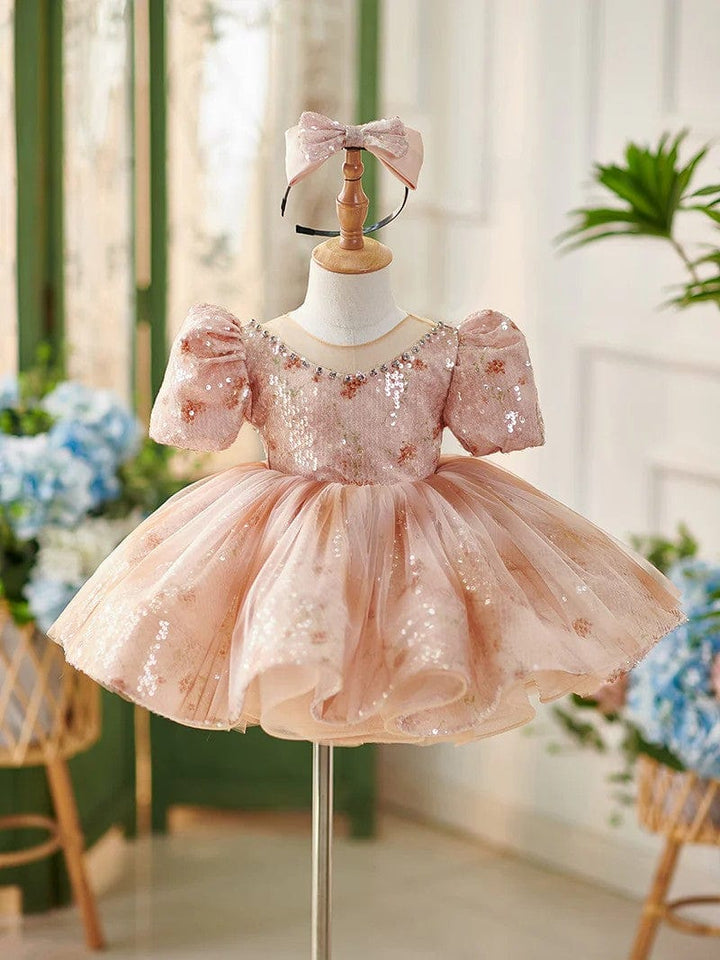 3m / Pink Sunnypetal Sparkling Pink Sequin Puff Sleeve Knee-length Baby Girl Party Dress