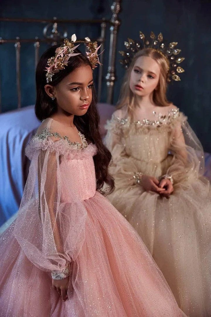 3m / Pink Sunnypetal Sparkly Puff Sleeves Long Tulle Flower Girl Dresses with Rhinestones