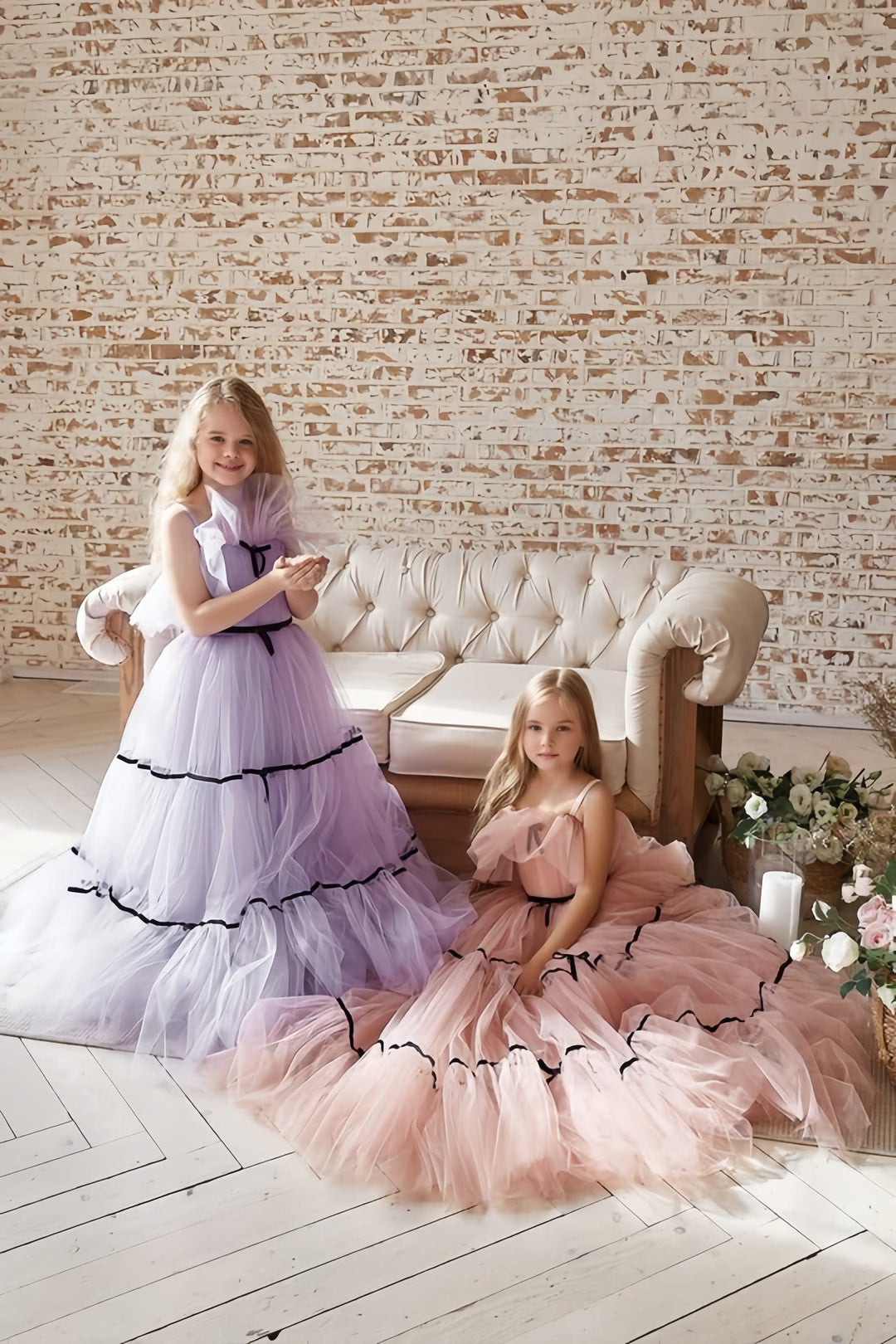 3m / Pink Sunnypetal Sweet Off-Shoulder Ruffle Neck Tulle Floor-Length Flower Girl Dress