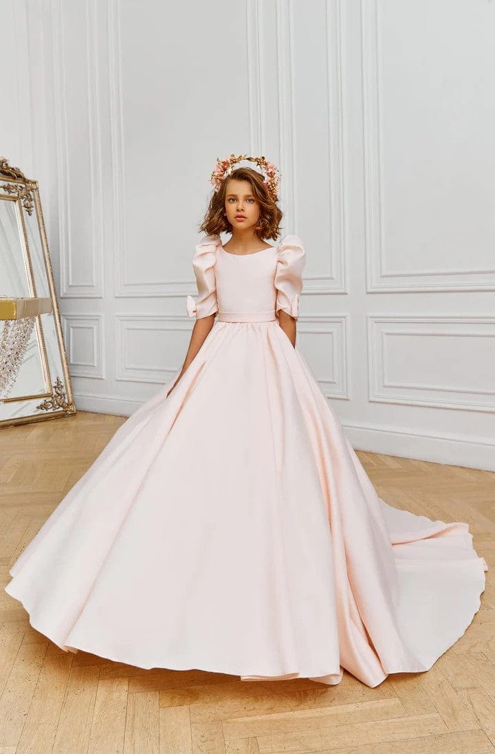 3m / Pink Sunnypetal Sweet Pink Satin Puffy Sleeves Communion Dresses with Bows