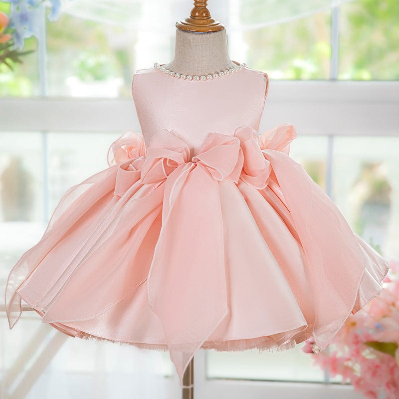 3m / Pink Sunnypetal Sweet Pink Satin Sleeveless Flower Girl Dresses with Tulle Bow