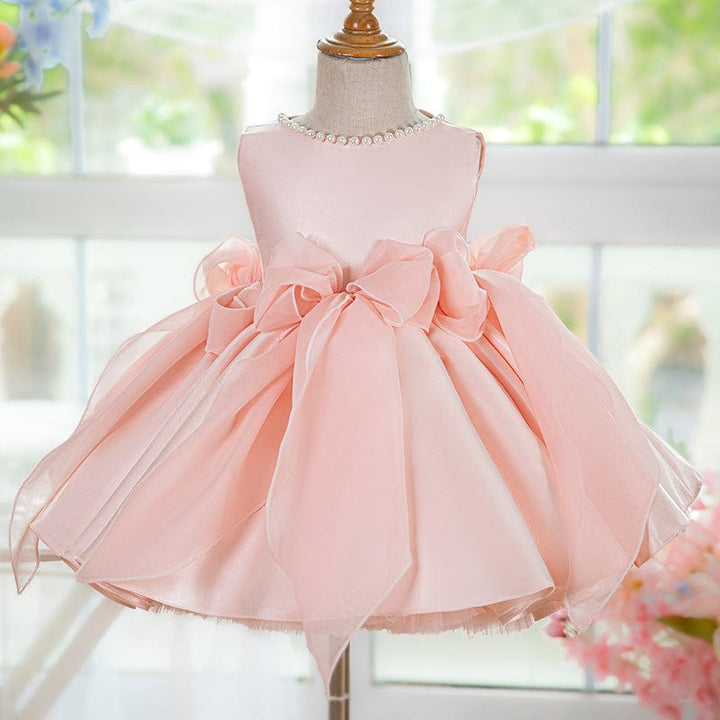 3m / Pink Sunnypetal Sweet Pink Satin Sleeveless Flower Girl Dresses with Tulle Bow