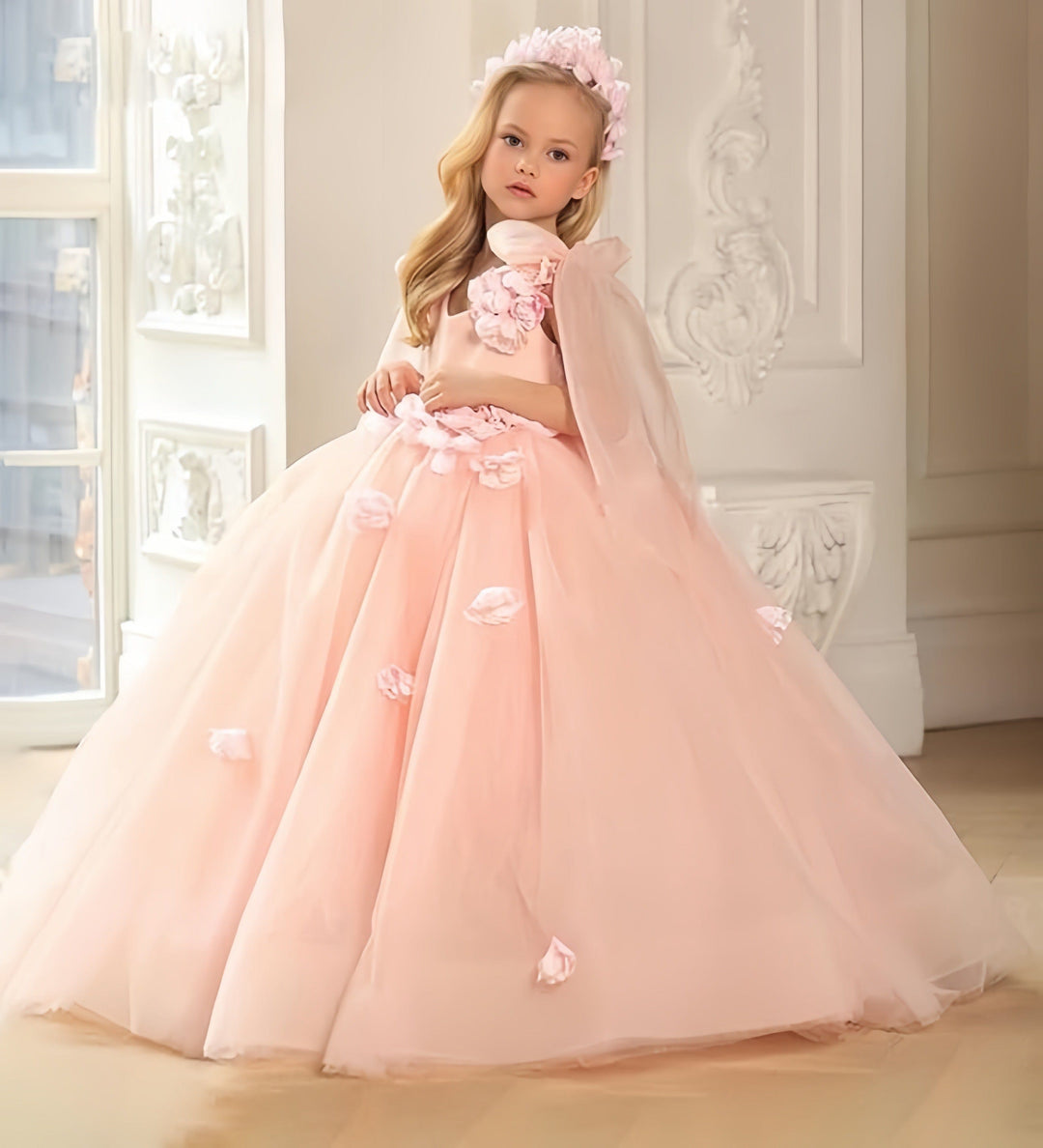 3m / Pink Sunnypetal Sweet Pink V-Neck Floral Tulle Flower Girl Dresses Wedding Communion Gown
