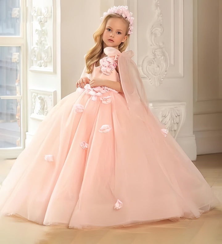 3m / Pink Sunnypetal Sweet Pink V-Neck Floral Tulle Flower Girl Dresses Wedding Communion Gown