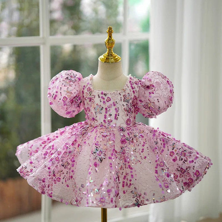 3m / Pink Sunnypetal Whimsical Pink Floral Sequin Puff Sleeve Knee-Length Princess Tutu Dress