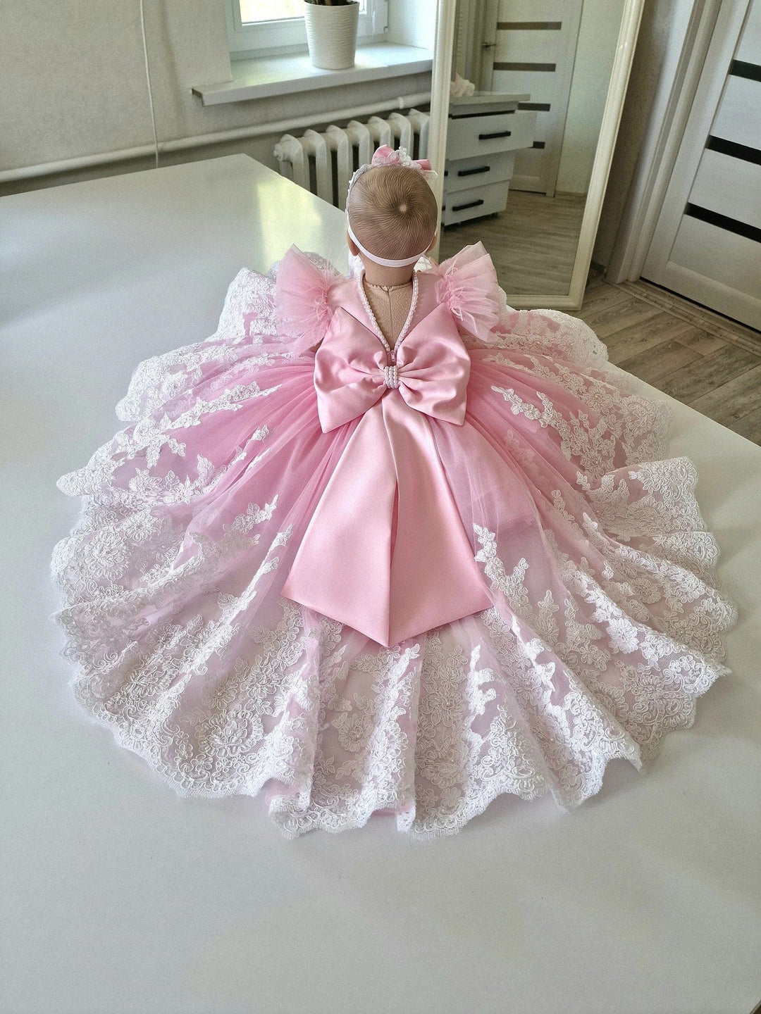 3m / Pink Sunnypetal White Lace Baby Toddler Baptism Dresses with Feathers / Pearls / Bow