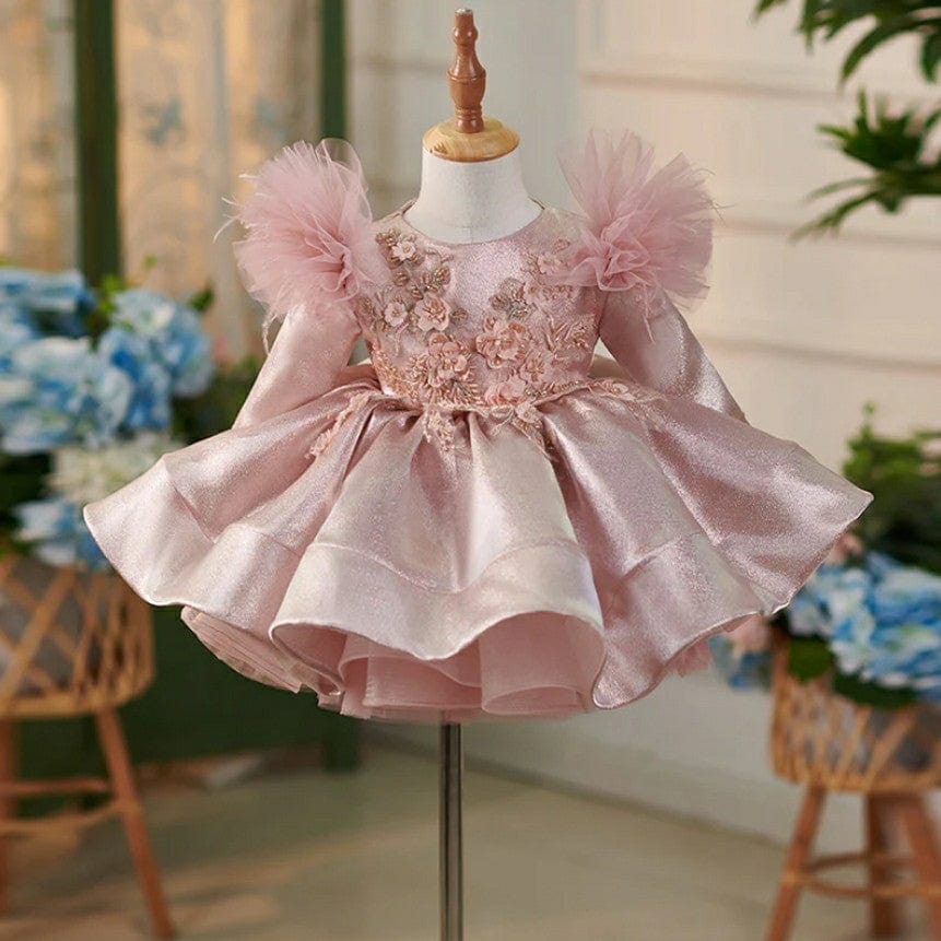 3m / Pink Sunnyupetal Exquisite 3D Flowers Satin Knee-Length 1st Birthday Party Baby Toddler Girl Dresses
