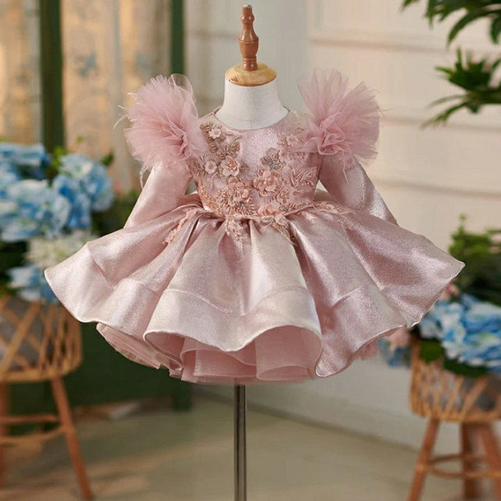 3m / Pink Sunnyupetal Exquisite 3D Flowers Satin Knee-Length 1st Birthday Party Baby Toddler Girl Dresses
