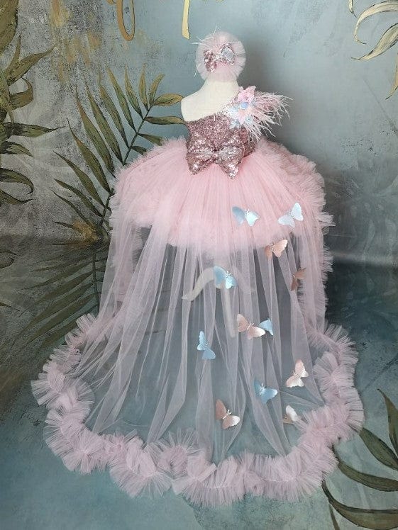 3m / Pink Sunypetal Pink One-Shoulder Feather Butterfly Toddler Pageant Prom Flower Girl Dresses