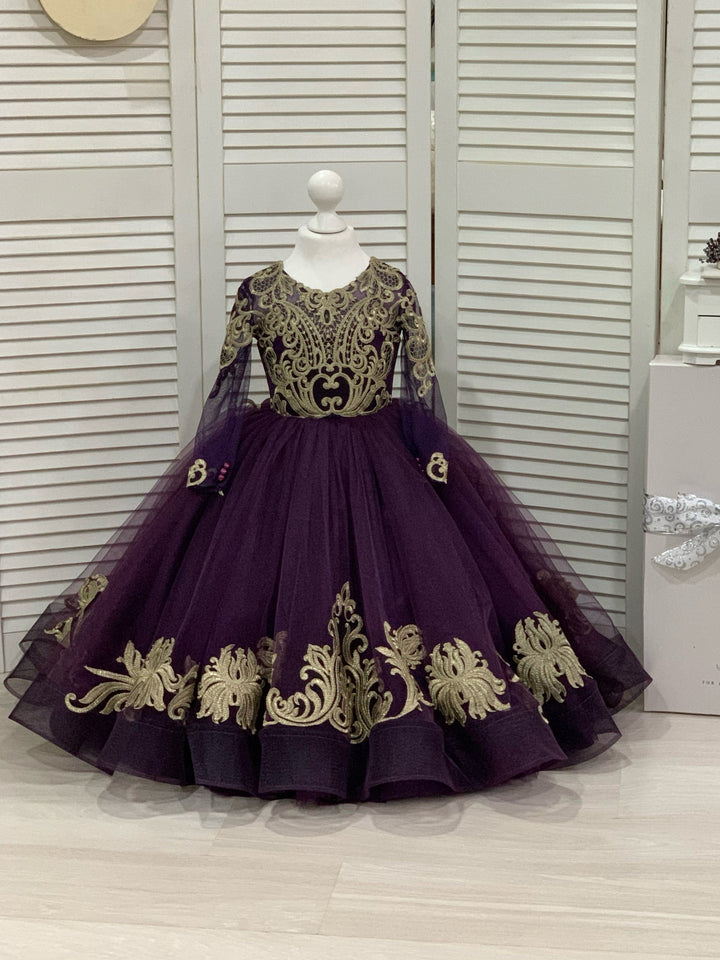 3m / Purple Sunnypetal Black Long Sleeves Gold Embroidery Appliques Tulle Flower Girl Dresses