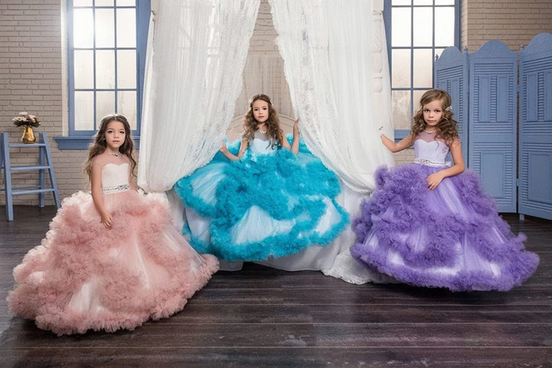 3m / Purple Sunnypetal Cap Sleeves Scoop Neck Ruffled Waterfall Floor-Length Flower Girl Dress