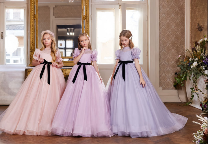 3m / Purple Sunnypetal Elegant Long Tulle Ball Gown Flower Girl Dresses with Puff Sleeves/Bow