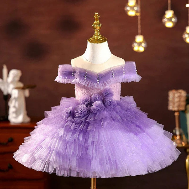 3m / Purple Sunnypetal Elegant Off-Shoulder Purple Gradient Tulle Knee-Length Flower Girl Dresses