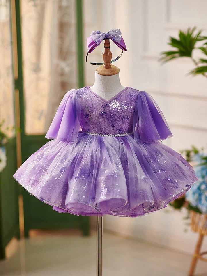 3m / Purple Sunnypetal Fairy-Tale Purple V-Neck Sequin Knee-Length Flower Girl Dresses