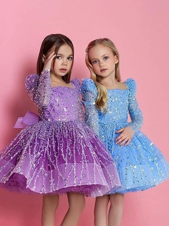 3m / Purple Sunnypetal Glitter Sequins Flower Girl Dress Short Wedding Birthday Party Pageant Dress