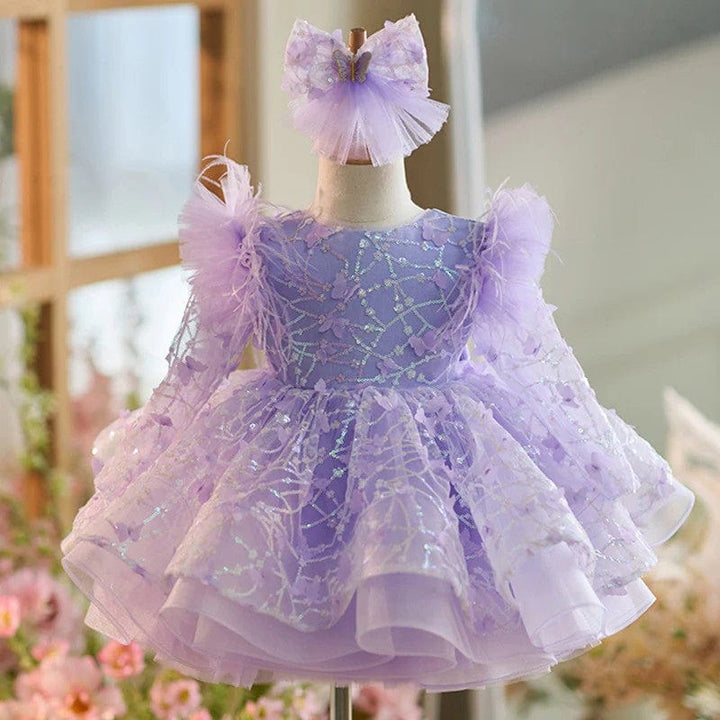 3m / Purple Sunnypetal Long Sleeves Cascading Ruffles Sequins Knee-Length Flower Girl Dresses with Bow