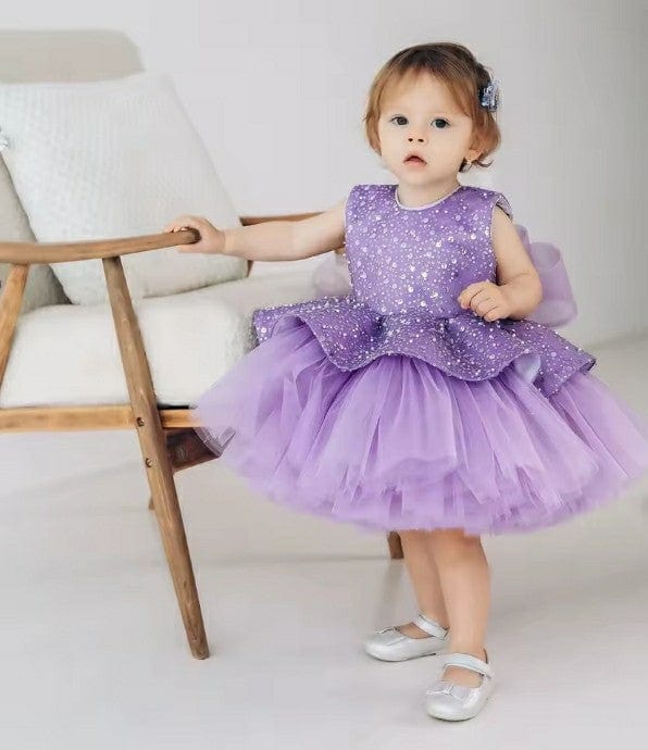 3m / Purple Sunnypetal Puffy Tulle Flower Girl Dresses Lace Bow Baby Kids Birthday Knee-Length Ball-Gown