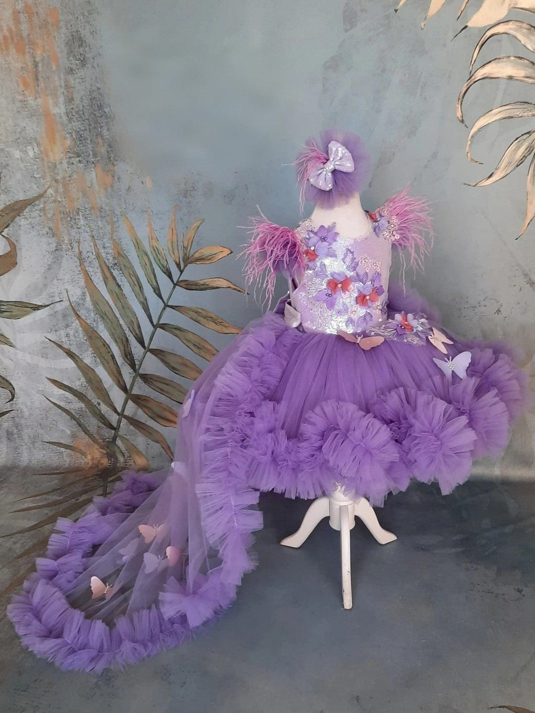 3m / Purple Sunnypetal Purple Lace Butterfly Girl Birthday Flower Girl Dress with Detachable Train