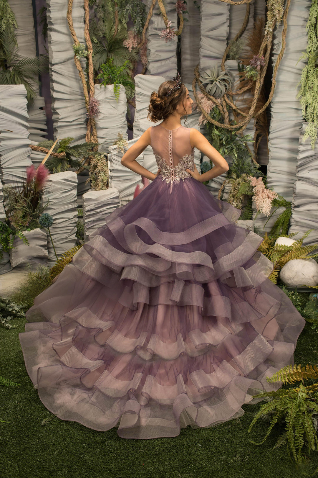 3m / Purple Sunnypetal Purple Sleeveless Appliques Ruffles Puffy Tulle Flower Girl Dress with Cathedral Train