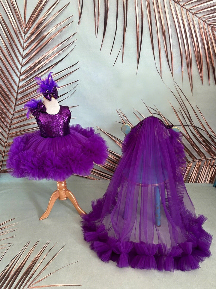 3m / Purple Sunnypetal Purple Sleeveless V Back Baby Girl Birthday Dress with Detachable Train