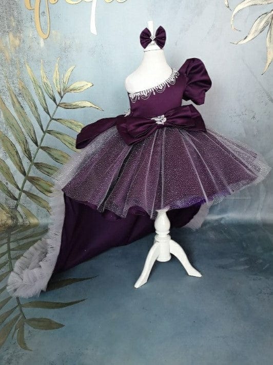 3m / Purple Sunnypetal Purple Sparkle One-Shoulder Satin Baby Girl Gown with Detachable Train