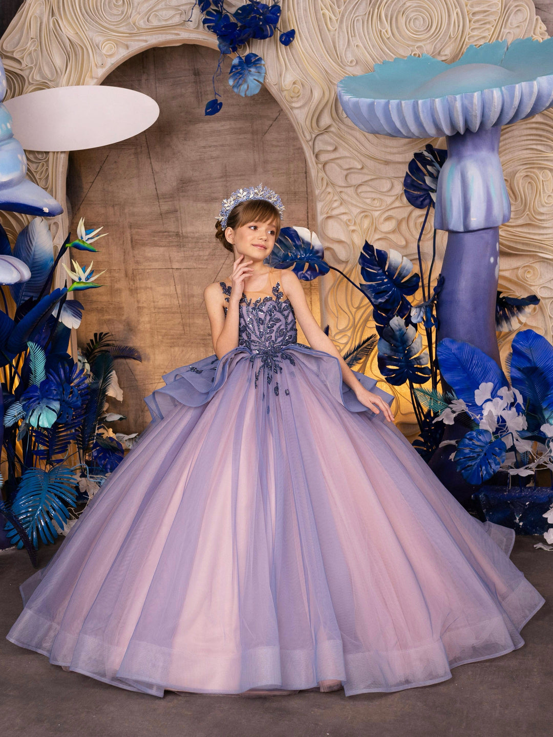 3m / Purple Sunnypetal Purple Timeless Appliques Sequins Long Tulle Princess Ball-Gown Flower Girl Dresses