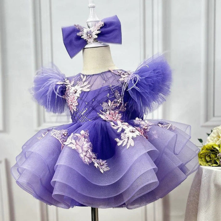 3m / Purple Sunnypetal Yellow Puff Sleeves Floral Embroidery Flower Girl Dresses Birthday Prom Gown
