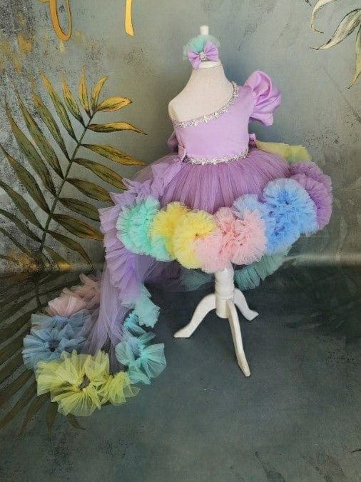 3m / Rainbow Sunnypetal Rainbow One-Shoulder Knee-Length Flower Girl Dress Pageant Prom Birthday Dress