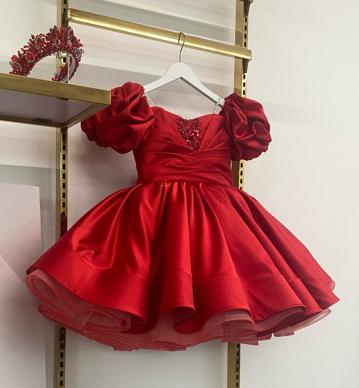 3m / Red Sunnypetal Adorable Puff Sleeves Satin Flower Girl Dress Sage Green Knee-Length Ball-Gown for Kids