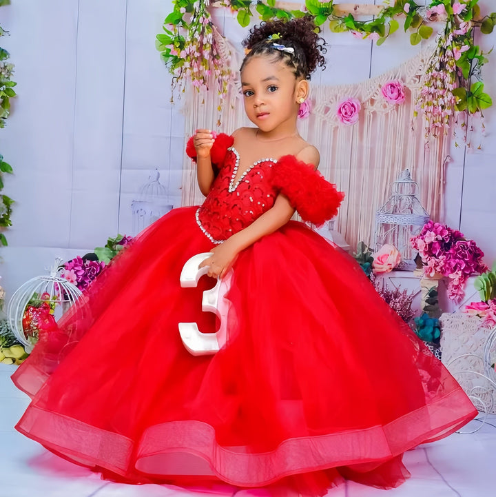 3m / Red Sunnypetal Ball Gown Red Kids Birthday Pleated Ruffles Tiered Tulle Flower Girl Dresses