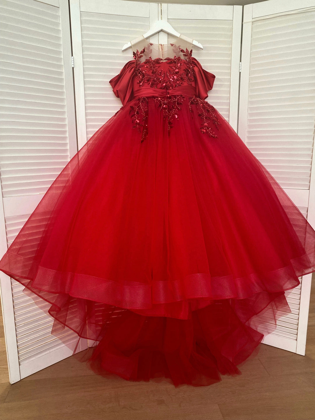3m / Red Sunnypetal Flower Girls Princess Pageant Dreses Puffy Multi-Layer Tulle Ball Gown with Bow