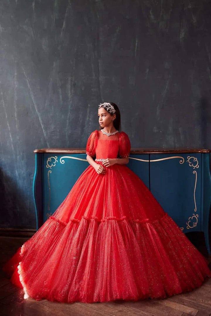 3m / Red Sunnypetal Glittering Tulle Ball Gown with Rhinestone Neckline & Puff Sleeves