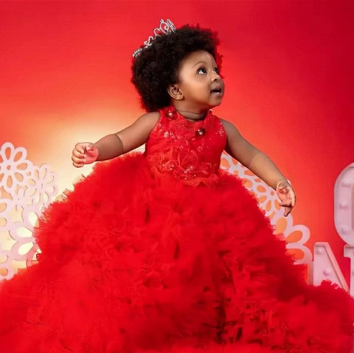 3m / Red Sunnypetal Luxury Red Ruffles Tiered Tulle Flower Girl Dresses First Birthday Gown