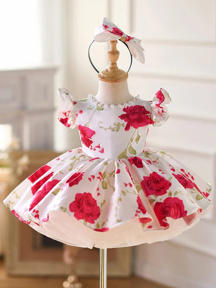 3m / Red Sunnypetal Red Floral Puff Sleeve Knee-Length Flower Girl Dress
