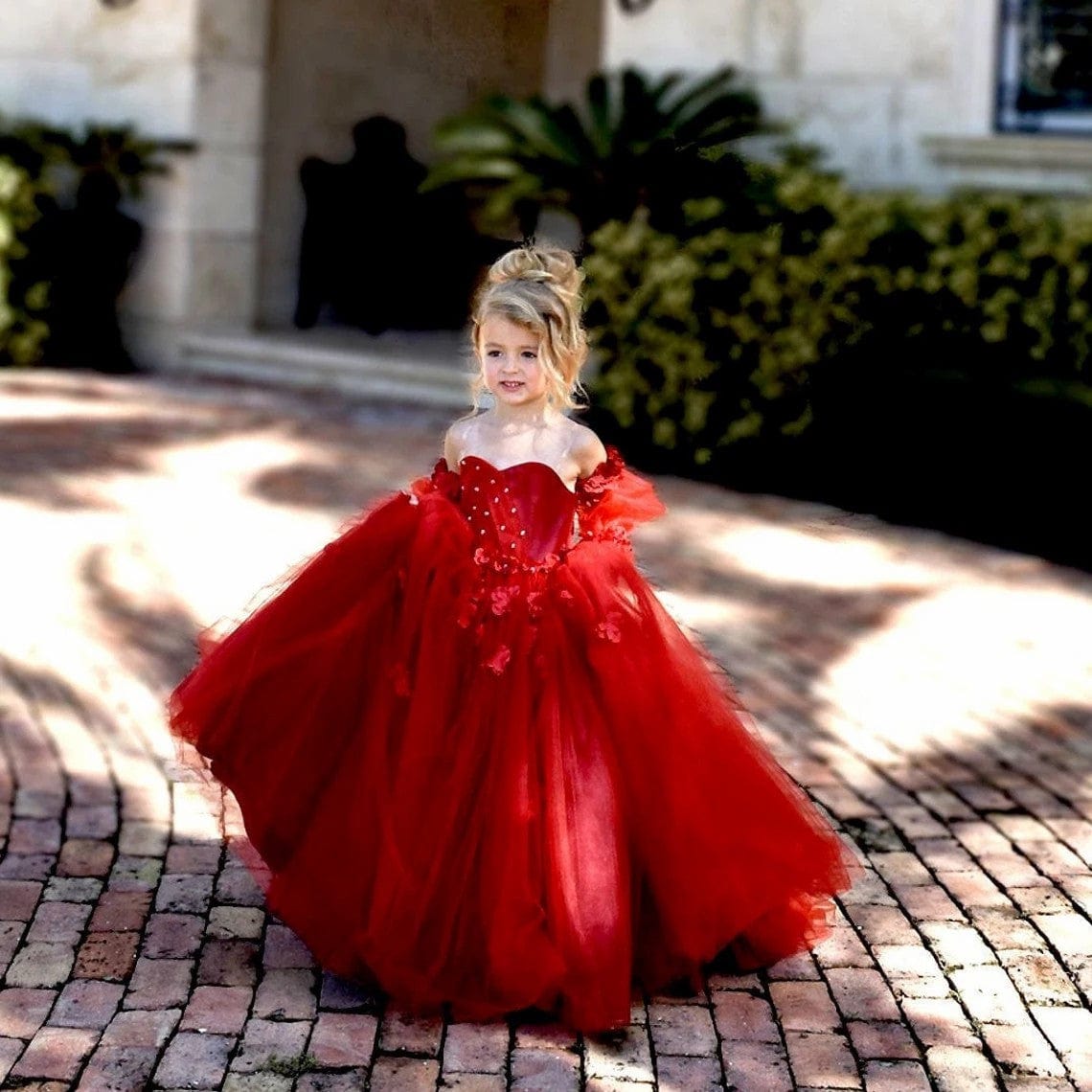Sunnypetal Red Flower Girl Dress Ball Gown Pageant Luxury Princess Dre