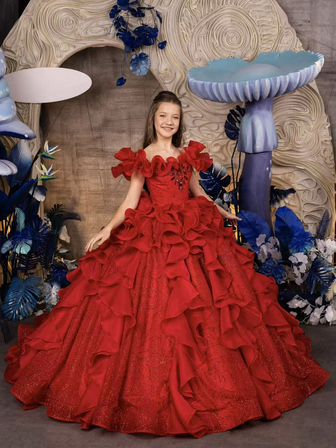 3m / Red Sunnypetal Red Ruffled Princess Ball Gown with Sparkling Tulle and 3D Floral Details