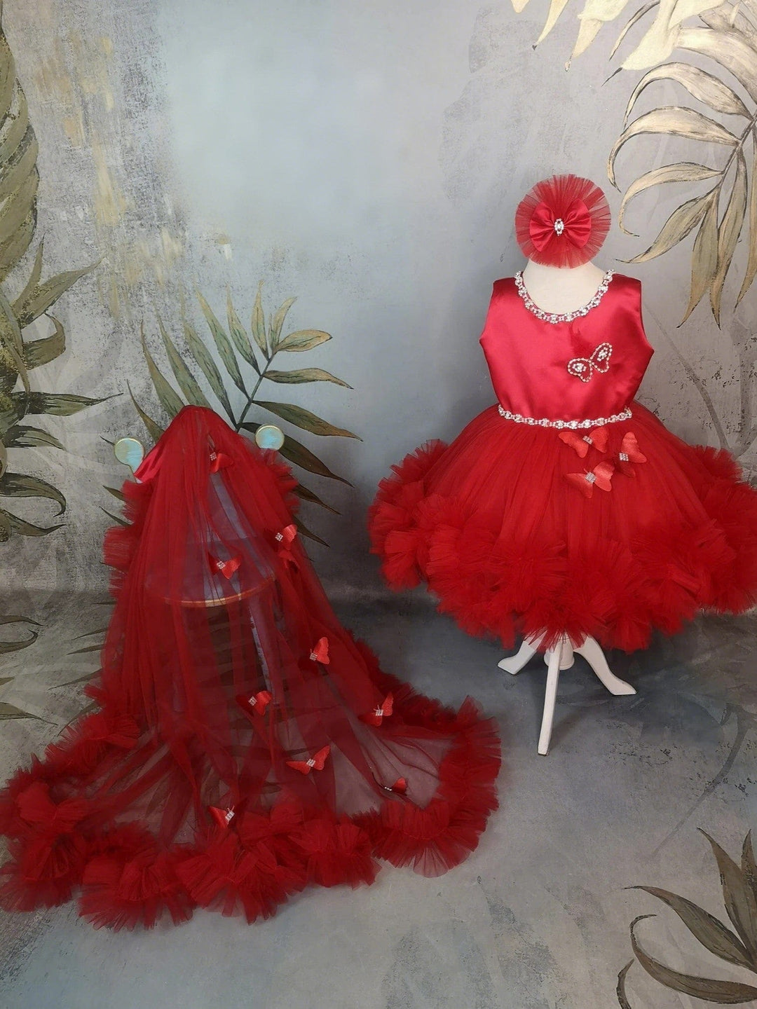 3m / Red Sunnypetal Red Satin Sleeveless Butterfly Tulle Flower Girl Dresses with Rhinestones&Bow