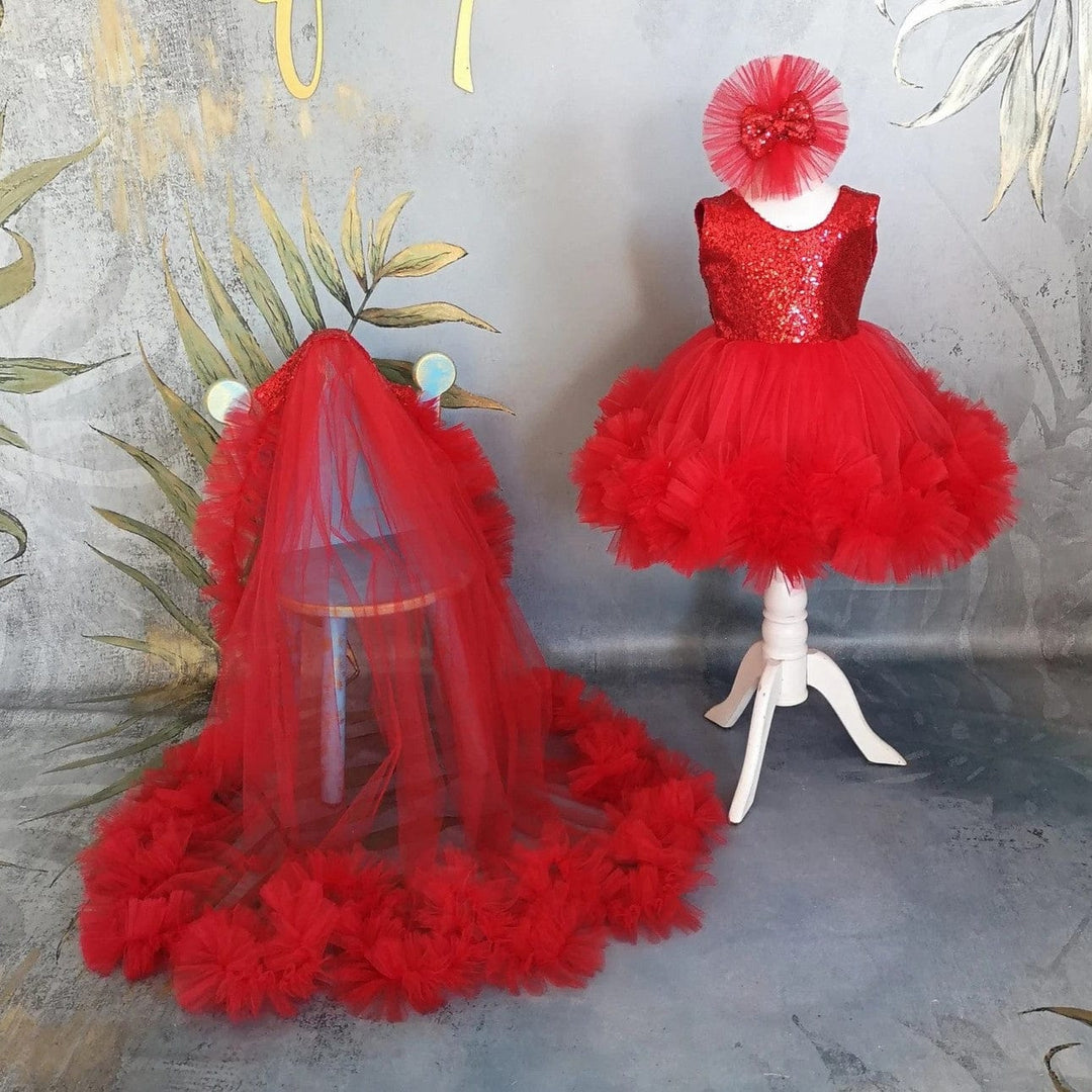 3m / Red Sunnypetal Red Sleeveless Sequin Flower Girl Princess Dresses with Detachable Train