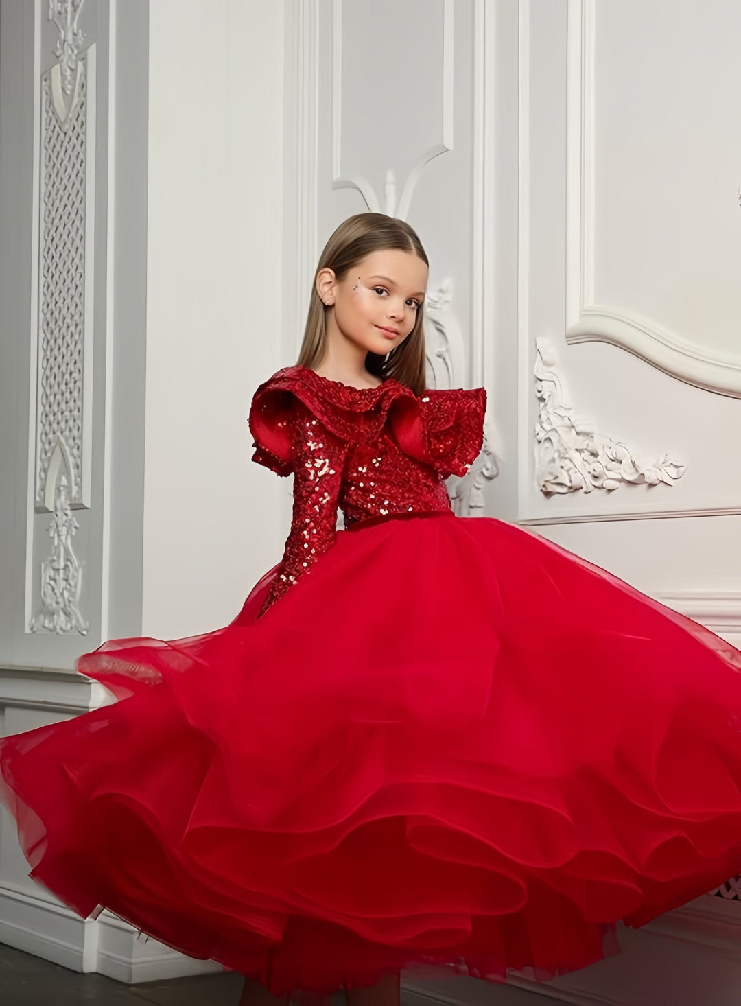 3m / Red Sunnypetal Sequins Long Sleeve One Shoulder Ankle-Length Flower Girl Dresses Pageant Gowns