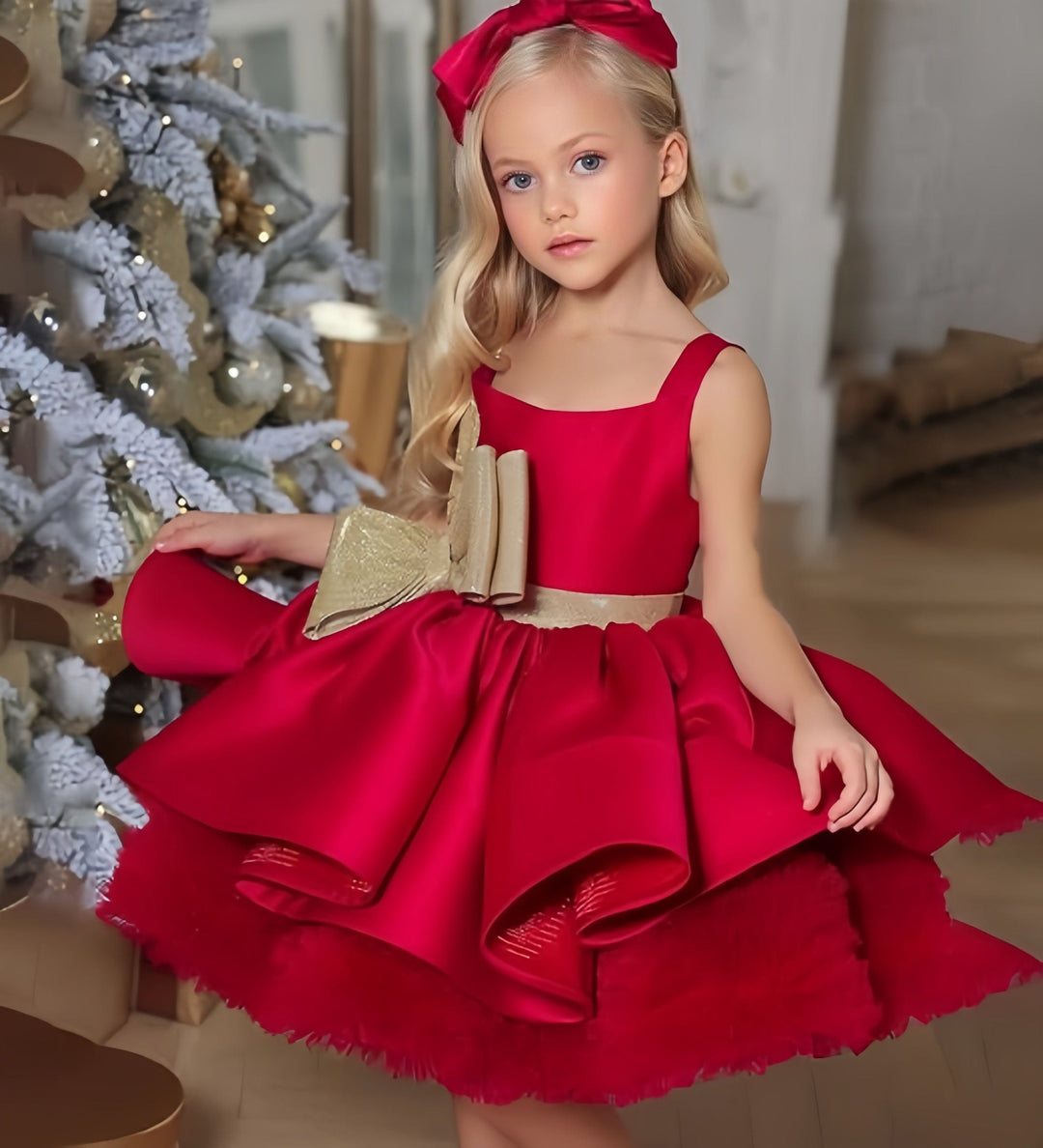 3m / Red Sunnypetal Sleeveless Satin Princess Flower Girl Dresses Birthday Party with Bow Knot