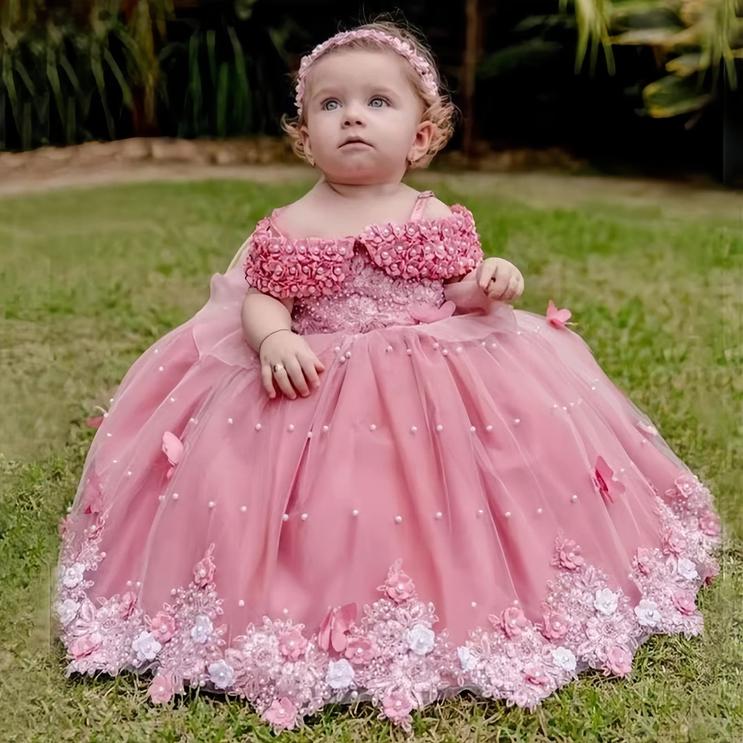 3m / Rose Pink Sunnypetal Exquisite Off-The-Shoulder Flowers Pearls Birthday Party Ball Gown Baby Toddler Girl Dresses