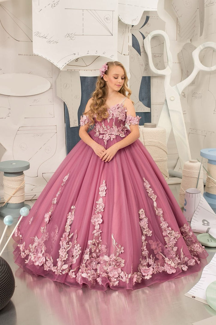 3m / Rosy Mauve Sunnypetal Rosy Mauve Off-The-Shoulder 3D Floral Appliques Tulle Flower Girl Gown
