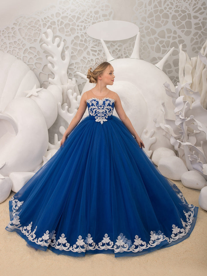 3m / Royal Blue Sunnpetal Royal Blue Long Tulle Floral Appliques Ball-Gown Flower Girl Dress with Bow