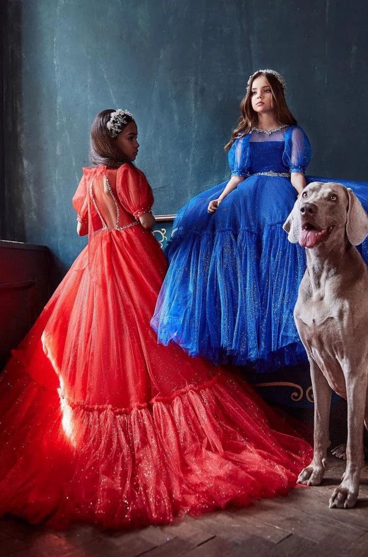 3m / Royal Blue Sunnypetal Glittering Tulle Ball Gown with Rhinestone Neckline & Puff Sleeves