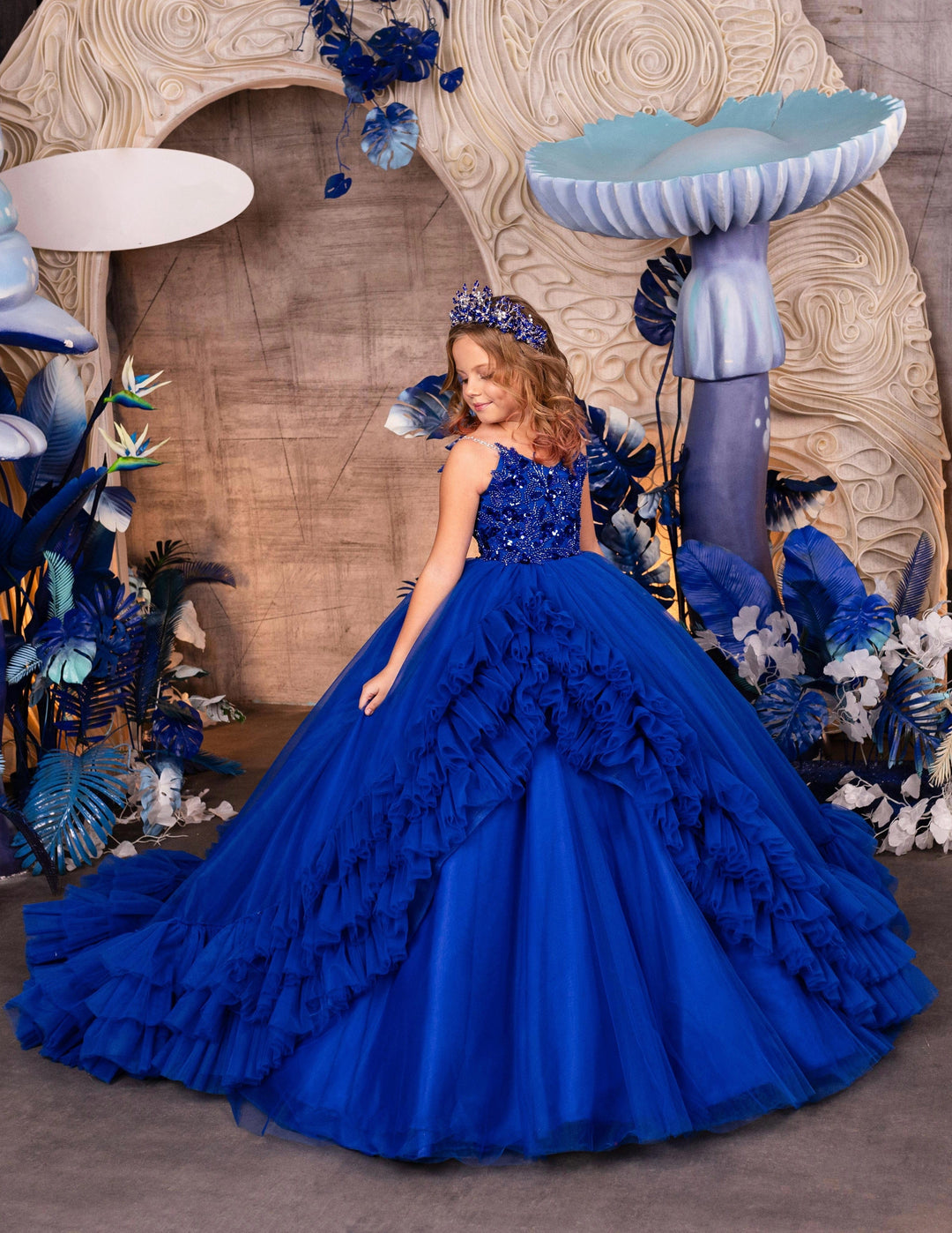 3m / Royal Blue Sunnypetal Gorgeous Royal Blue Tulle Ruffles Flower Girl Dresses Formal Dinners Pageant Gown