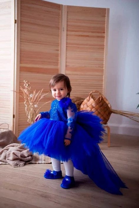 3m / Royal Blue Sunnypetal Luxurious Royal Blue Long Sleeves V Back Asymmetry Flower Girl Dresses