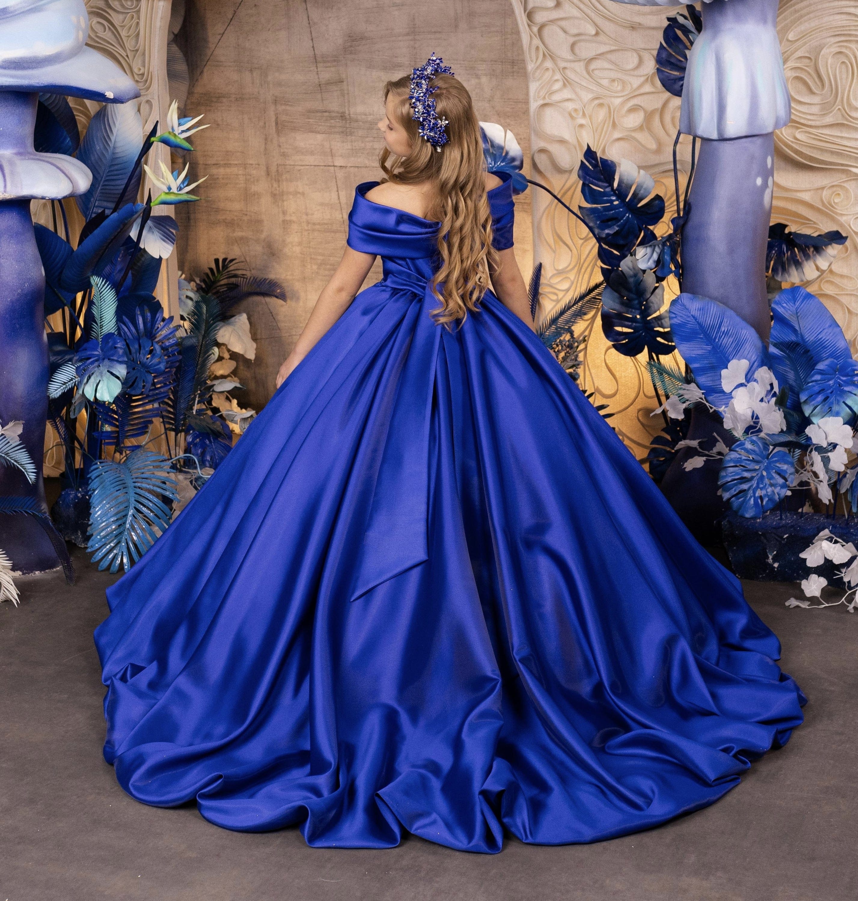 BABARONI UK Off-the-shoulder Satin Long Flower Girl Dress with Bow Royal Blue, Royal Blue / 2