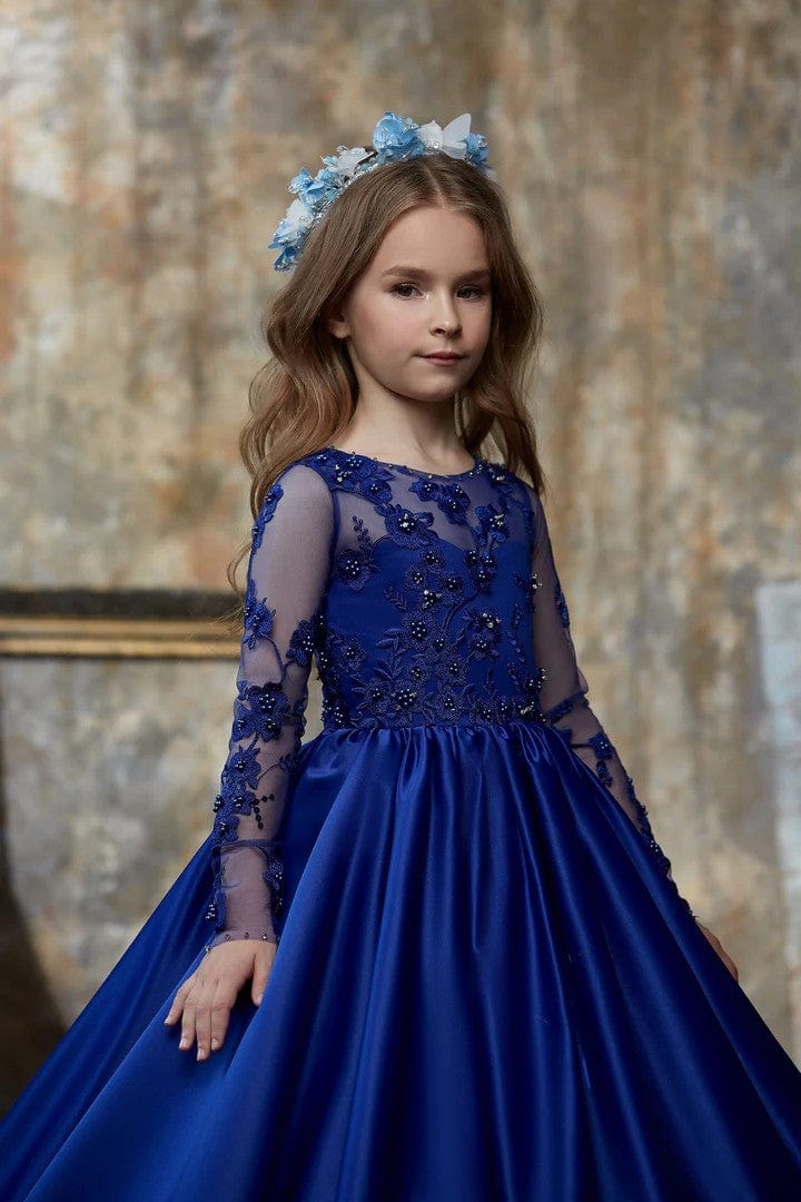 3m / Royal Blue Sunnypetal Royal Blue Satin Dress Long Sleeves Appliques Beading Ball-Gown Dress for Little Girls