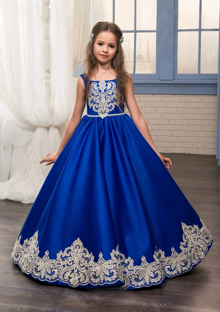 3m / Royal Blue Sunnypetal Royal Blue Satin Flower Girl Dress Lace Appliques Wedding Party Pageant Dresses